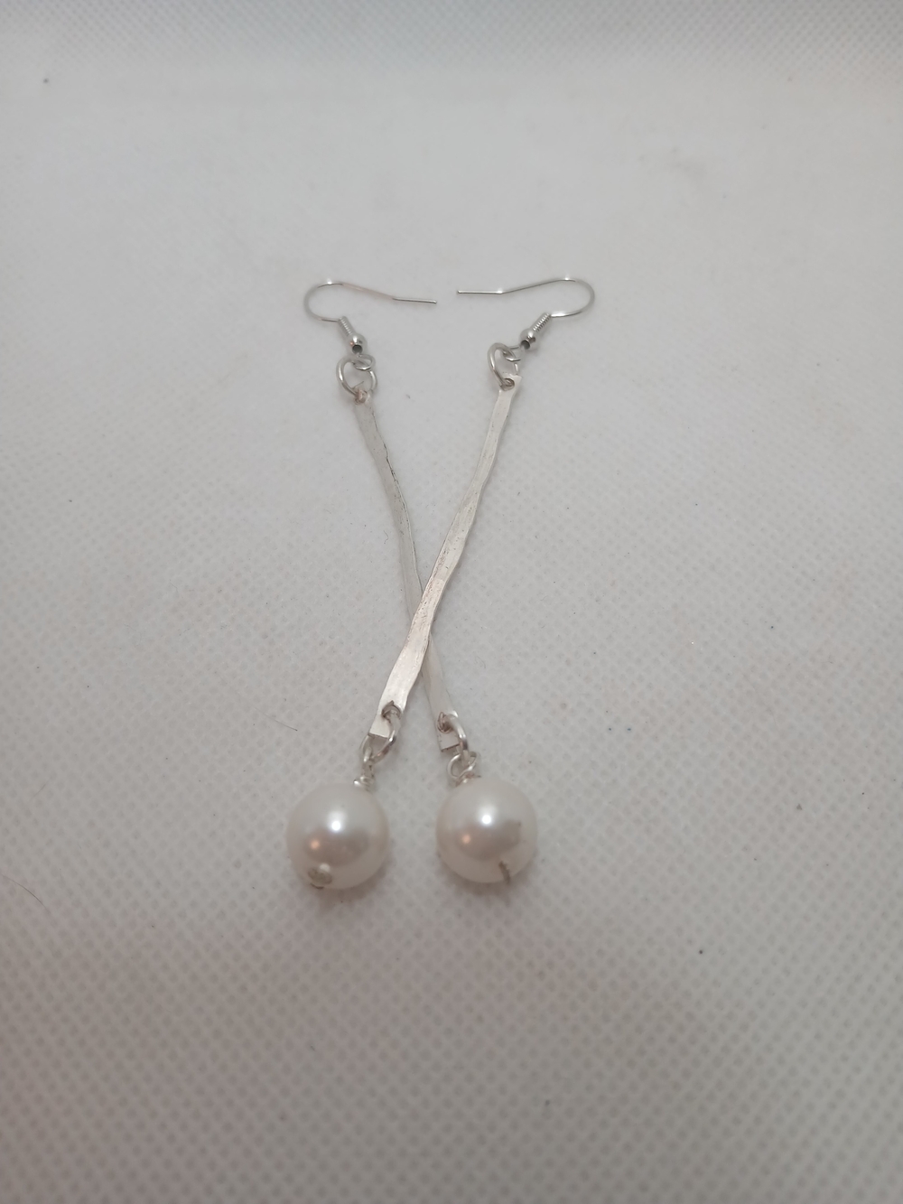 Silver Bar Pearl Drop Earrings - White Pearls